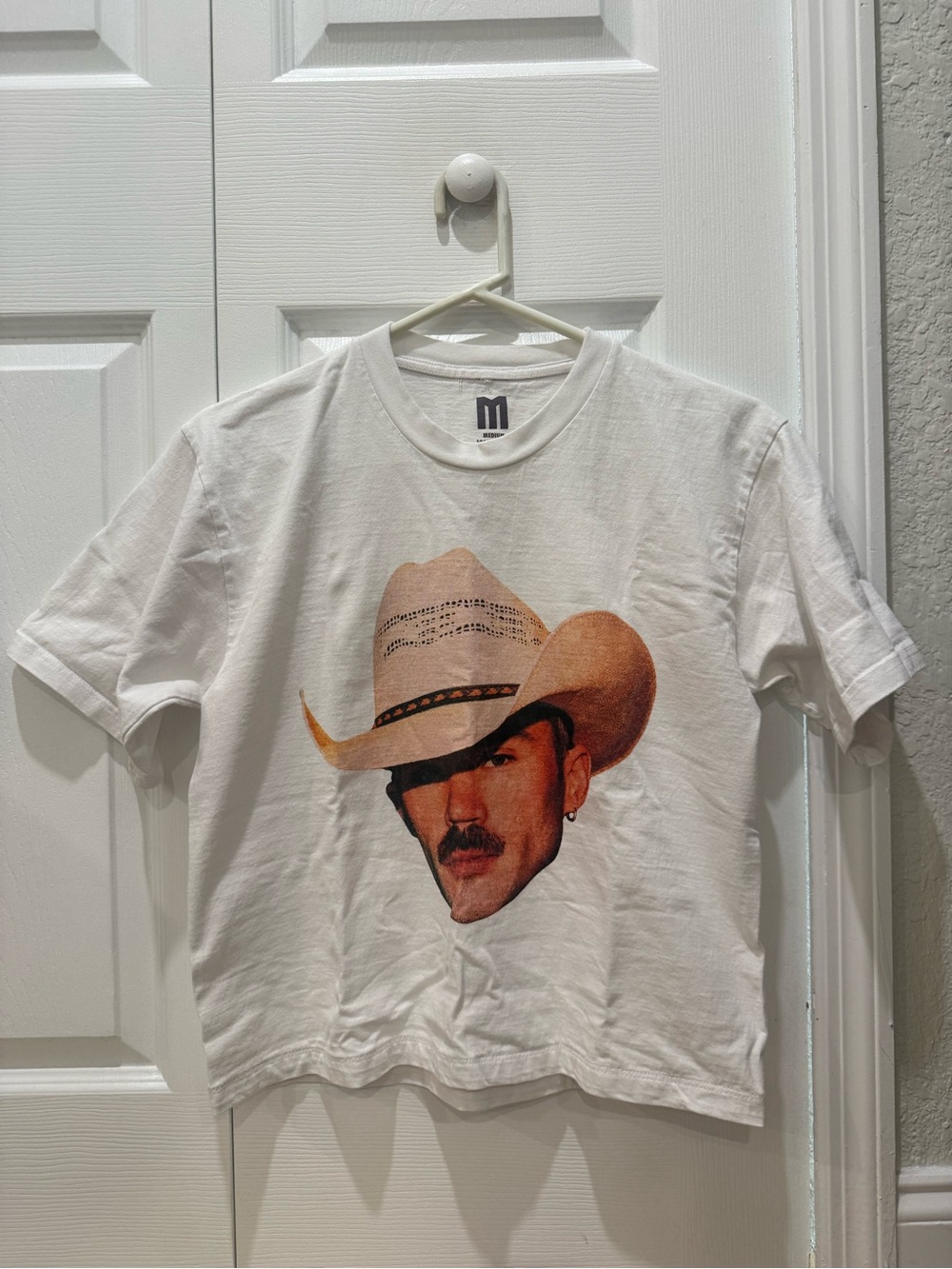 Dom Dolla White Graphic Tee with Cowboy Hat